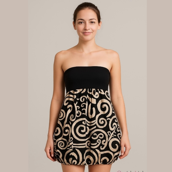 Gold and Black Elegant Strapless Bubble Hem Cocktail Mini Dress - Picture 1 of 5